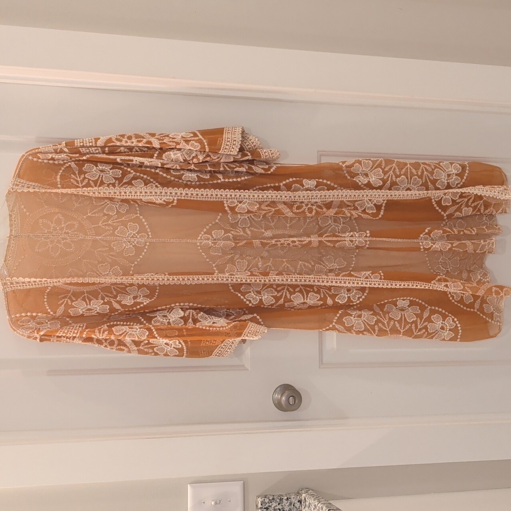 Bohemian Kimono in Mesh Tangerine With Cream Embroidery With Wide Sleeves